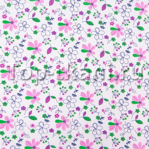 Лоскут Ситец набивной - Цветы на белом (розовый, зеленый) (130 см х 80 см)